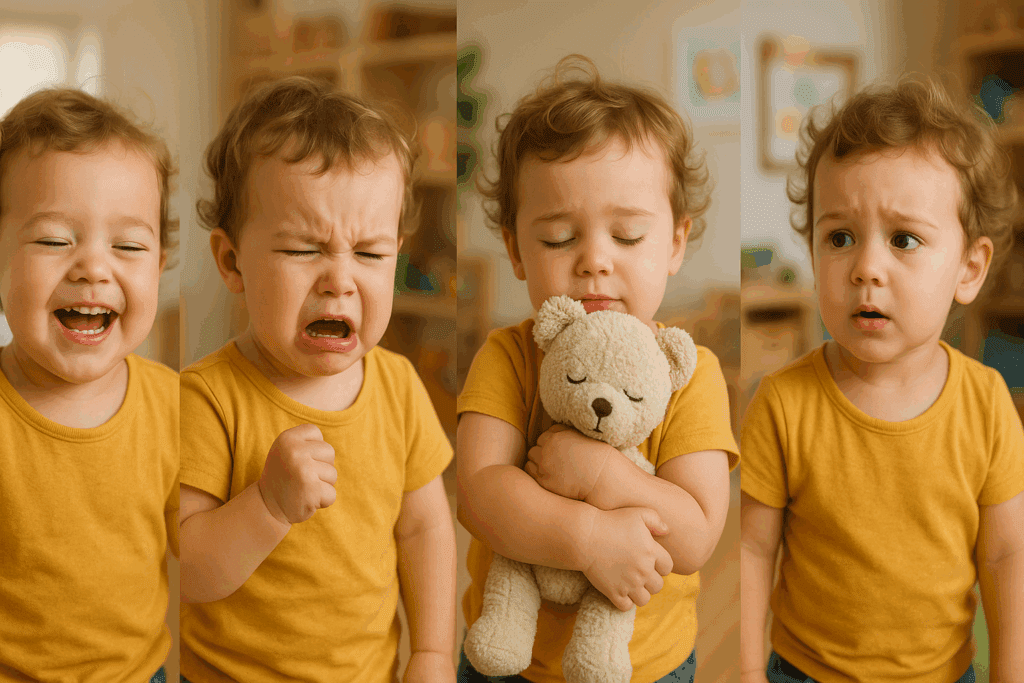 Toddler showing joy, frustration, empathy, and concern in a preschool setting during a 30 month check up.