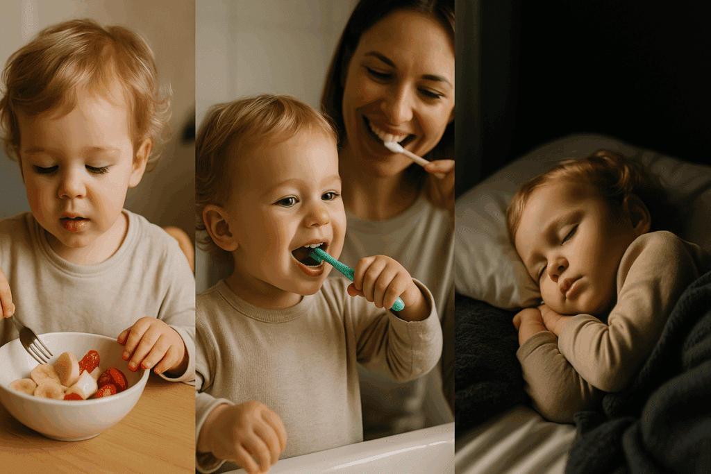 Toddler eating a healthy breakfast, brushing teeth with a parent, and napping peacefully—daily wellness habits shown for a 30 month check up.