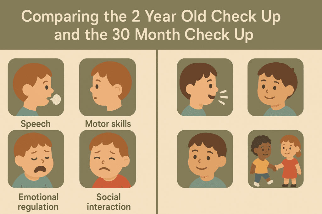 Side-by-side infographic comparing developmental milestones at the 2 year old and 30 month check up with icons for speech, motor skills, emotions, and social interaction.