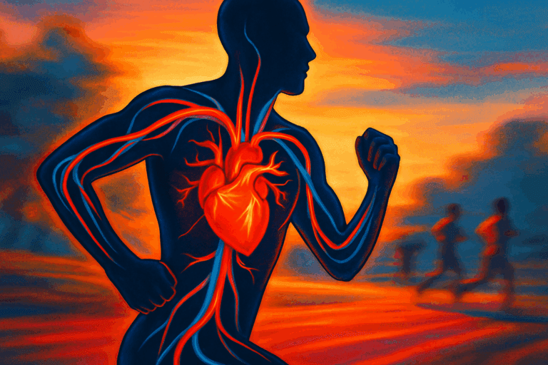Human silhouette running with glowing arteries and heart visible, symbolizing how does exercise lower blood pressure through improved circulation