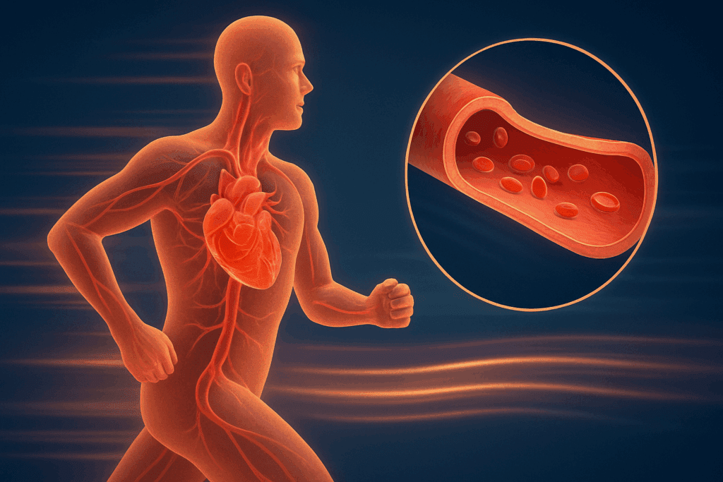 How Does Exercise Lower Blood Pressure? Expert-Backed Insights on Cardio, Performance, and Long-Term Heart Health 1 Side view of a person jogging with visible heart and arteries showing how does exercise lower blood pressure through improved blood flow