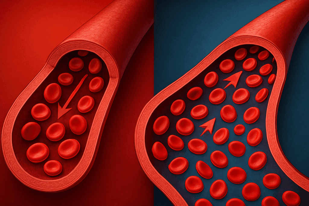 How Does Exercise Lower Blood Pressure? Expert-Backed Insights on Cardio, Performance, and Long-Term Heart Health 2 Conceptual diagram showing how exercise lowers blood pressure by comparing narrowed and dilated blood vessels with improved blood flow.