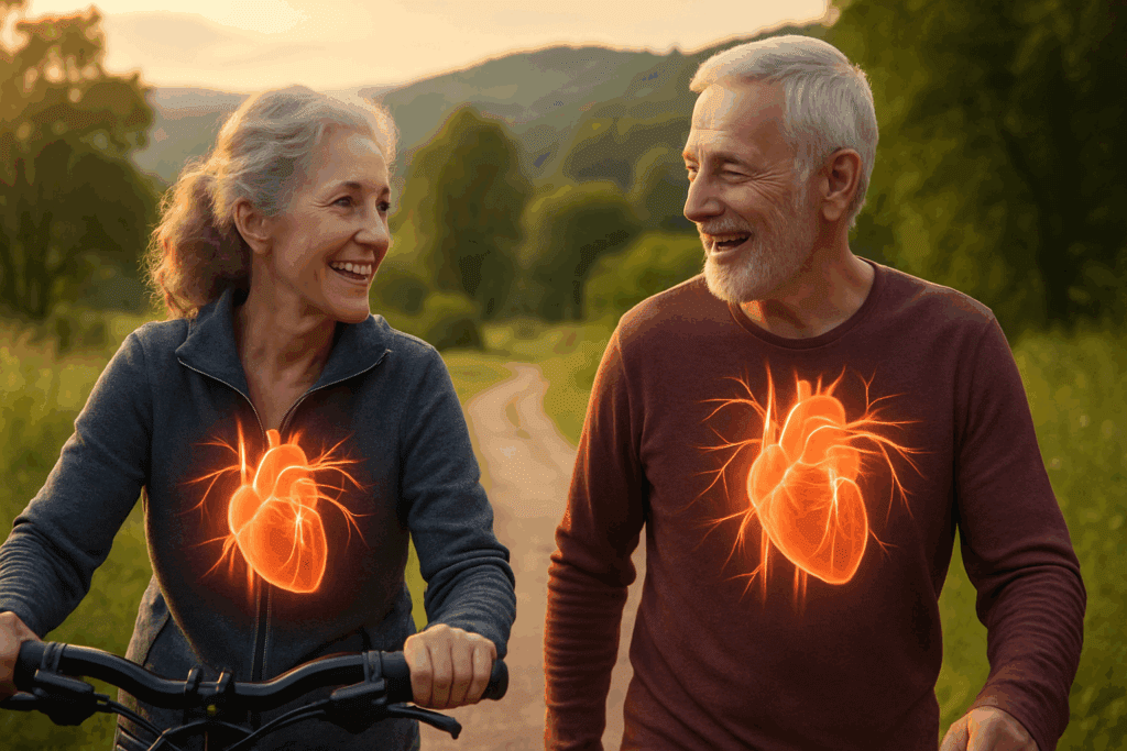 How Does Exercise Lower Blood Pressure? Expert-Backed Insights on Cardio, Performance, and Long-Term Heart Health 5 Older couple walking and cycling outdoors at sunset with glowing hearts, illustrating how does exercise lower blood pressure.