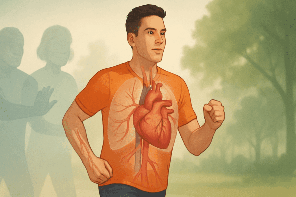 How Does Exercise Lower Blood Pressure? Expert-Backed Insights on Cardio, Performance, and Long-Term Heart Health 6 Young man jogging in a park with transparent overlays of heart and arteries, illustrating how does exercise lower blood pressure by promoting cardiovascular health.