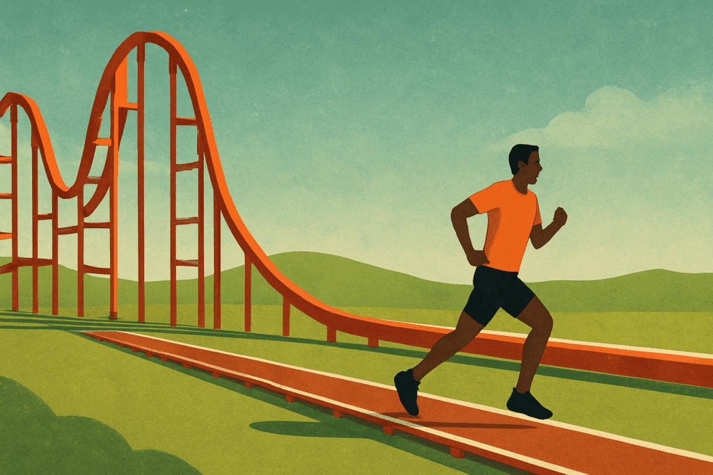 How Does Exercise Lower Blood Pressure? Expert-Backed Insights on Cardio, Performance, and Long-Term Heart Health 7 Runner stabilizing beside a rollercoaster track symbolizing blood pressure changes, illustrating how does exercise lower blood pressure.