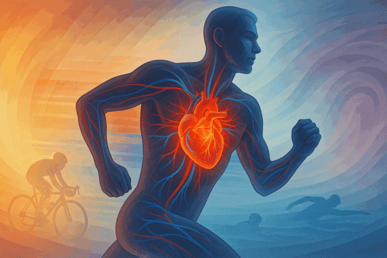 Glowing heart with red-blue circulation inside a running athlete, symbolizing heart pumping capacity by age and endurance training