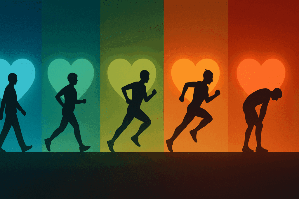 Colorful heart rate zones from walking to sprinting showing changes in heart pumping capacity by age