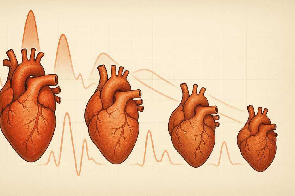 Illustration of heart pumping capacity by age showing four hearts aging left to right with decreasing output and elasticity