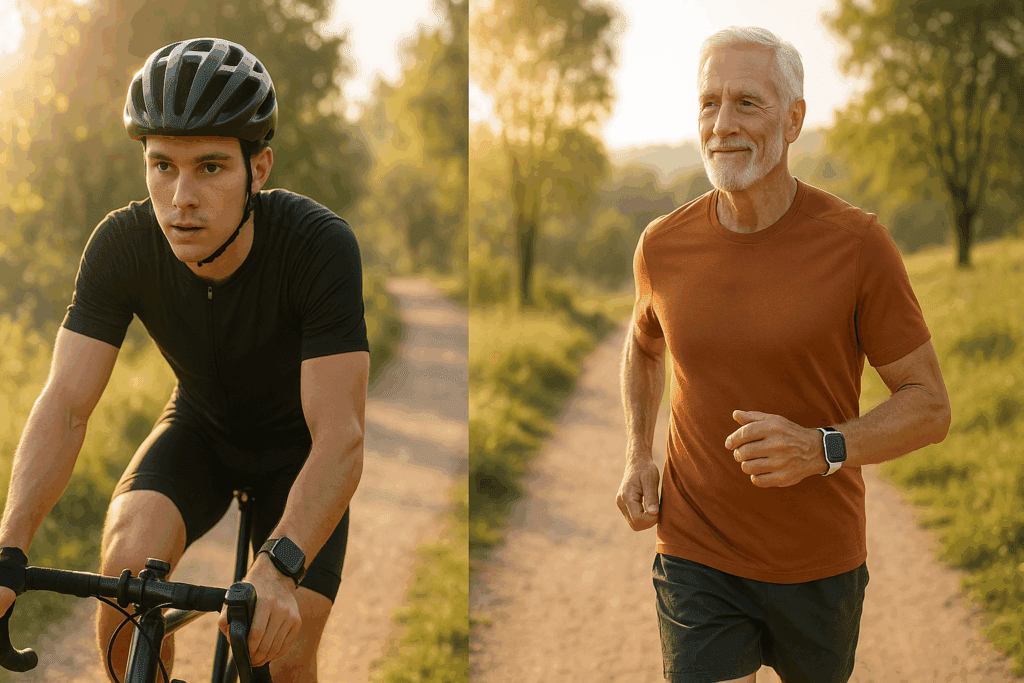Younger and older athletes training outdoors with smart devices, illustrating differences in heart pumping capacity by age.