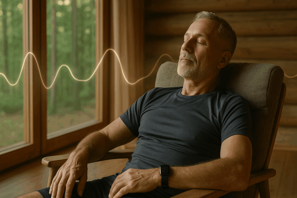Older athlete relaxing in a forest cabin with eyes closed, wearing a fitness tracker—illustrating heart pumping capacity by age.