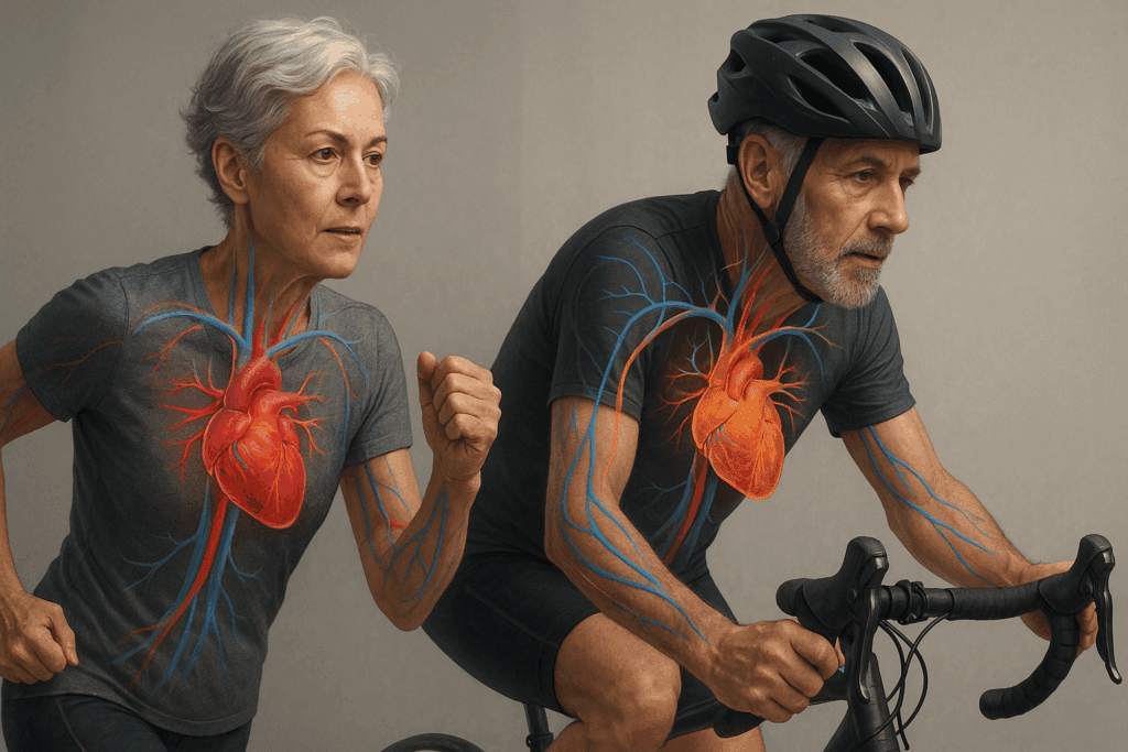 Male cyclist and female runner in their 60s with highlighted cardiovascular systems illustrating heart pumping capacity by age