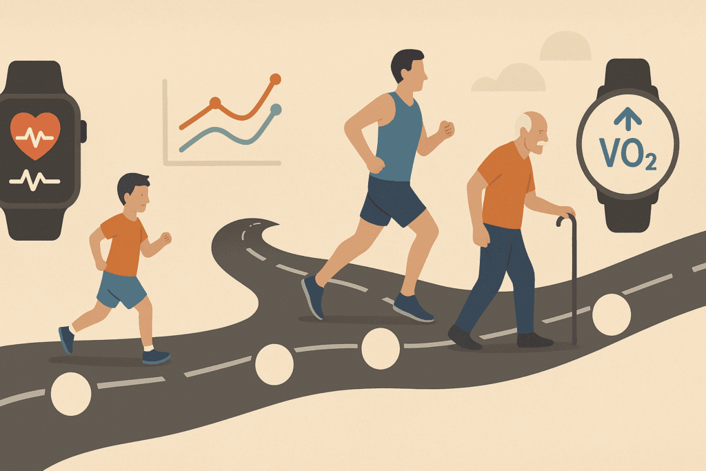 Conceptual infographic showing how heart pumping capacity by age evolves, with child, adult, and senior athletes on a winding road, each tracked by wearable devices.