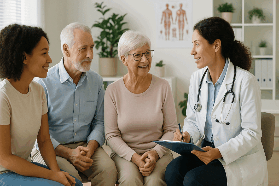 Patients of various ages talking with a female doctor in a bright clinic, illustrating how often should you see a doctor for preventive care.