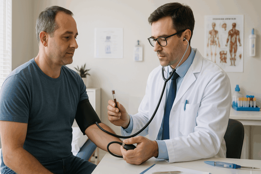 Doctor performing routine checkup with blood pressure and lab tests, illustrating how often should you see a doctor for preventive care.