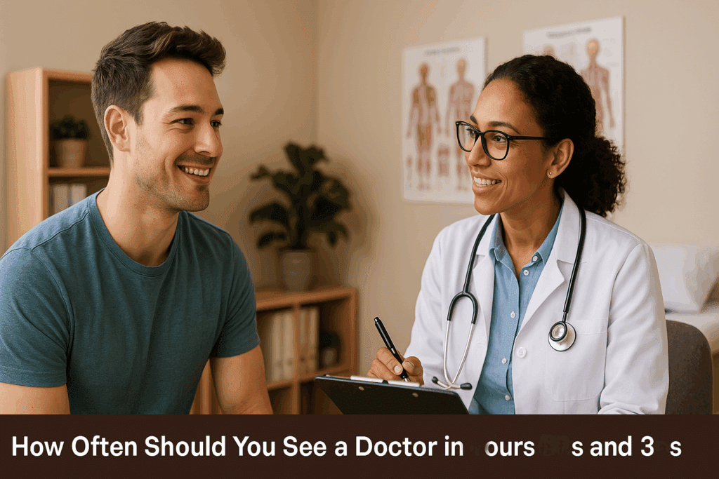 Young adult talking with a doctor in a friendly clinic during a wellness checkup, illustrating how often should you see a doctor in your 20s and 30s.