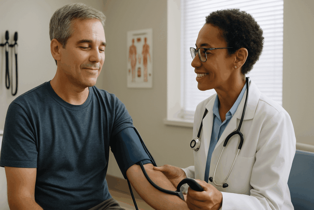 Doctor checking a middle-aged man's blood pressure during a routine exam, illustrating how often should you see a doctor for preventive care.