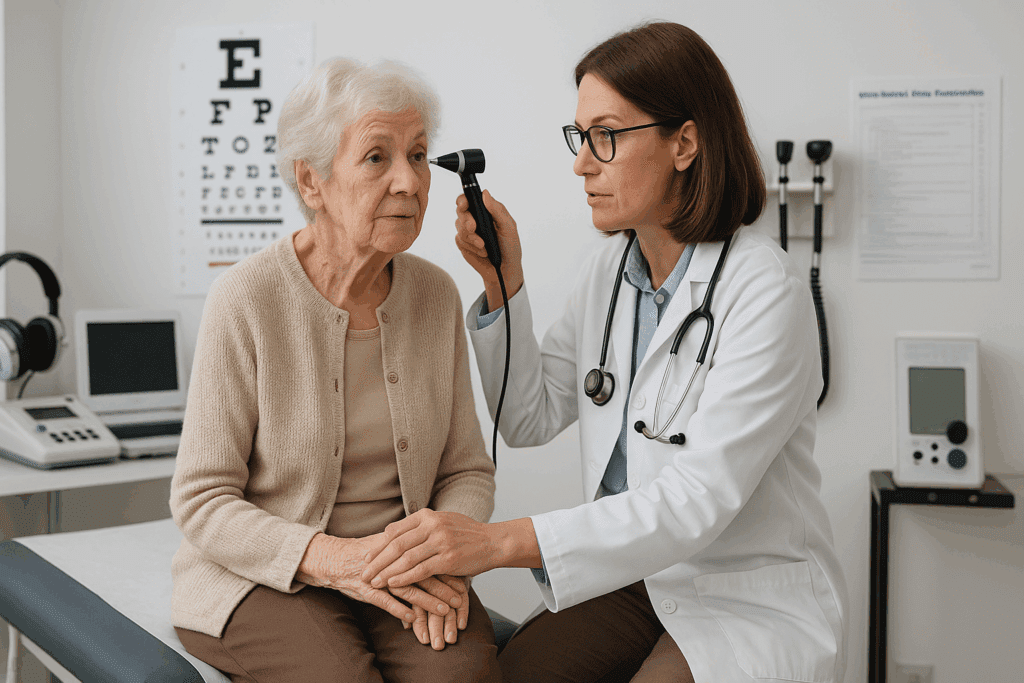 Doctor examining elderly woman’s hearing during geriatric checkup, illustrating how often should you see a doctor after age 65