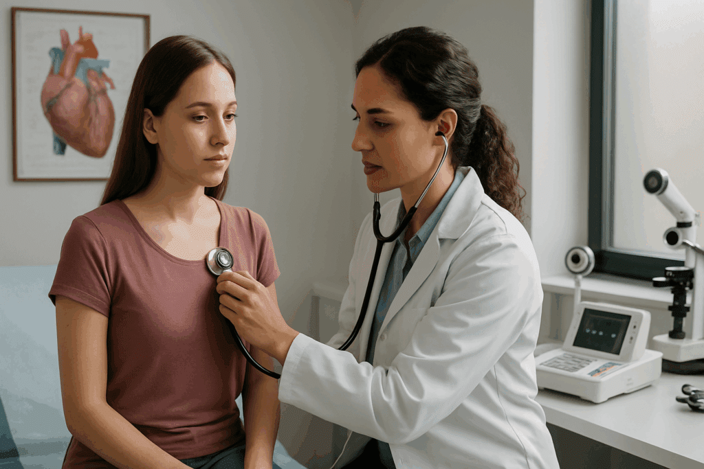 Cardiologist examining female patient with ECG machine in private clinic, highlighting how often should you see a doctor for specialized care
