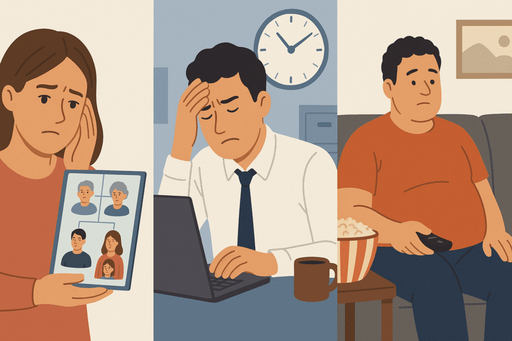 Illustration showing factors that affect how often should you see a doctor, including family medical history, job stress, and sedentary lifestyle