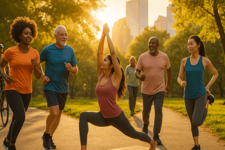 Diverse group of adults exercising in a sunny urban park, showing how regular exercise reduces the risk for cardiovascular diseases.