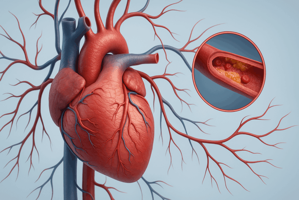 3D render of a human heart with plaque-clogged arteries illustrating how regular exercise reduces the risk for cardiovascular diseases