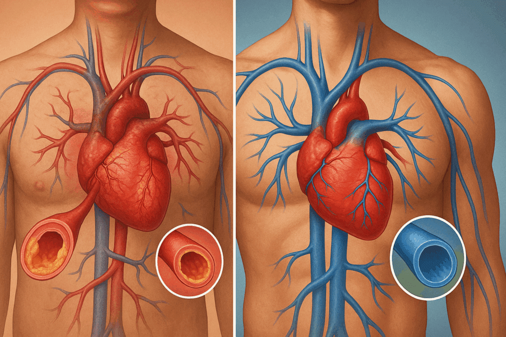 Split-screen showing before-and-after effects of aerobic training on the cardiovascular system, illustrating how regular exercise reduces the risk for cardiovascular diseases