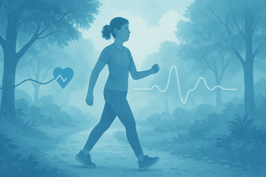 Person brisk walking through a forest trail with calm biometrics, illustrating how regular exercise reduces the risk for cardiovascular diseases