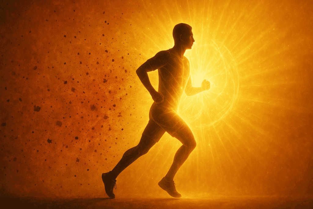 Silhouette of a person jogging through radiant light, symbolizing how regular exercise reduces the risk for cardiovascular diseases by clearing harmful particles.