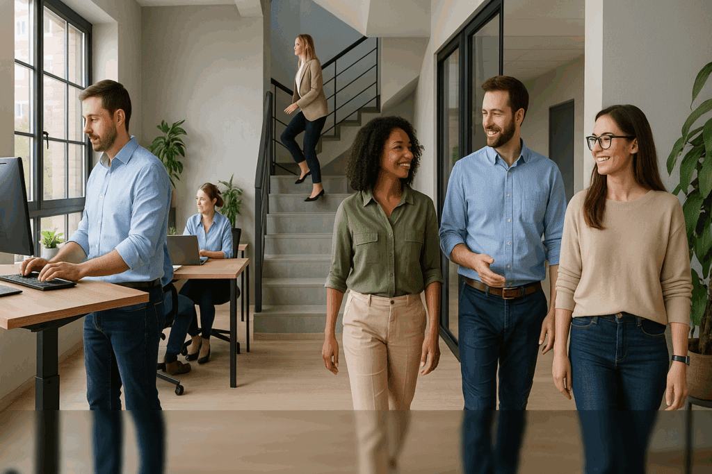 Office workers using standing desks, climbing stairs, and walking in groups during break time, illustrating how regular exercise reduces the risk for cardiovascular diseases.