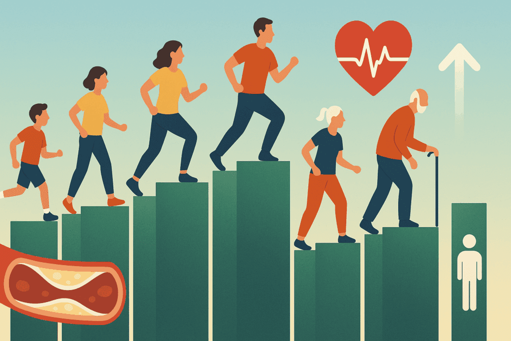 Visual metaphor showing how regular exercise reduces the risk for cardiovascular diseases through active individuals ascending health bars, clean arteries, and heart icons.