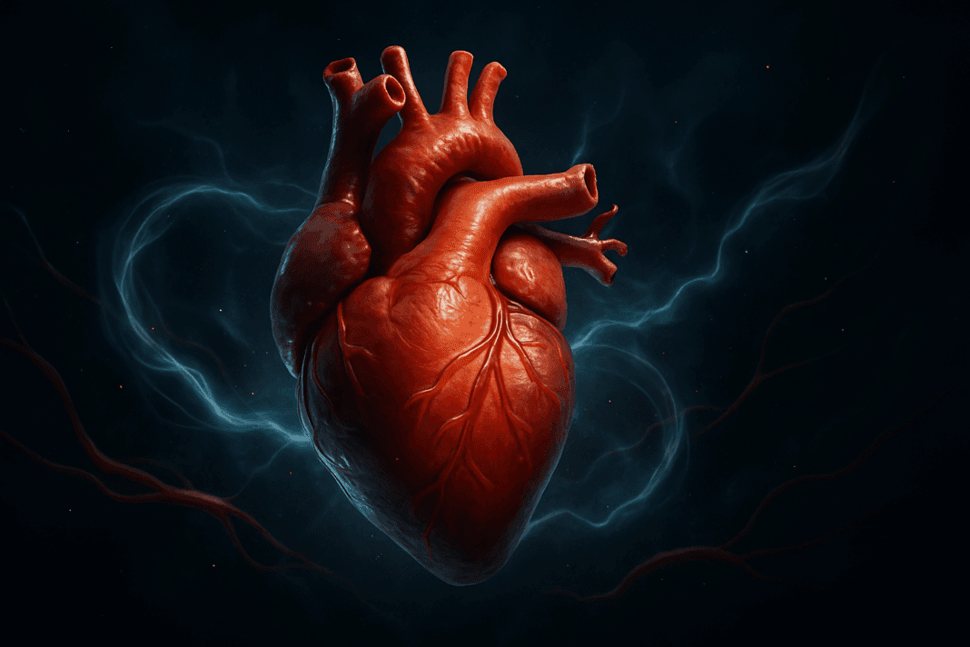 Hyper-realistic human heart floating in a dark space-like background with glowing energy waves, illustrating how strong is the heart.