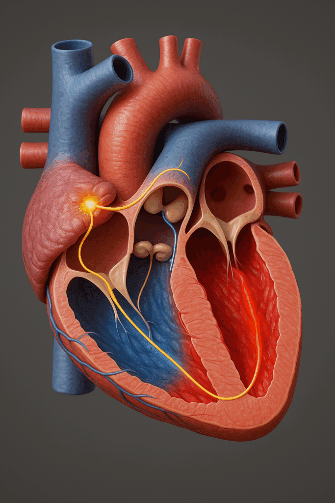 3D-rendered cross-section of a human heart in motion, showing chambers, valves, and blood flow pathways to illustrate how strong is the heart during circulation.
