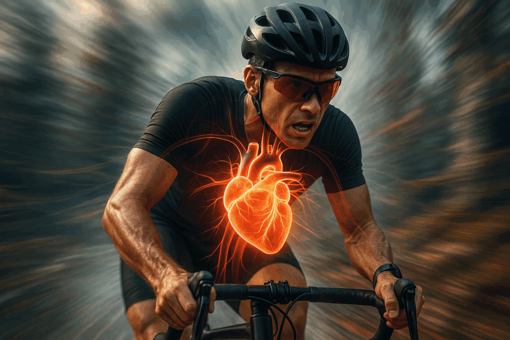 Endurance cyclist racing at full speed with glowing anatomical heart overlay, illustrating how strong is the heart under peak physical exertion.
