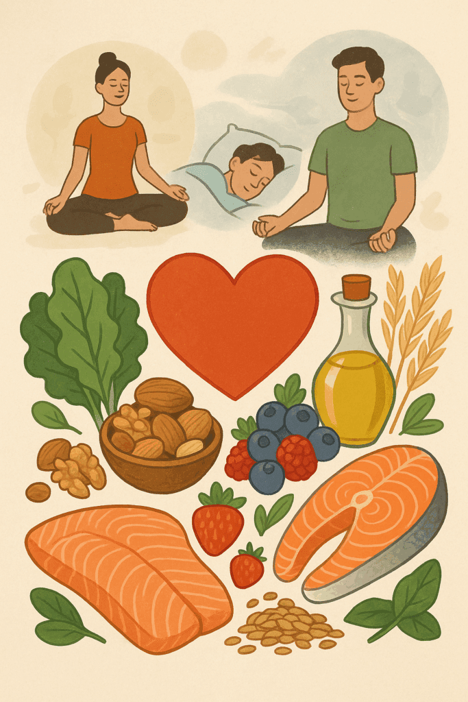 Colorful spread of heart-healthy foods like salmon, berries, and leafy greens around a heart symbol, illustrating how strong is the heart through nutrition and lifestyle habits like yoga and sleep.