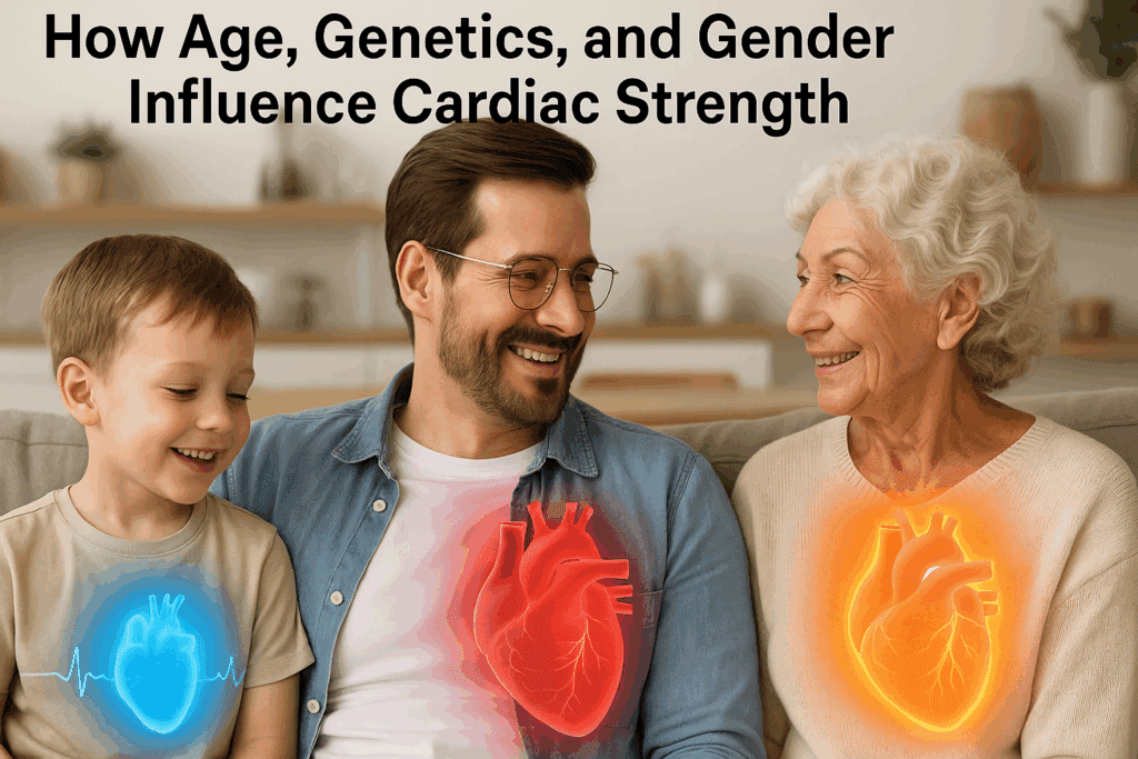 Multigenerational family showing child, adult, and elderly woman with color-coded heart visuals illustrating how strong is the heart across ages and genders