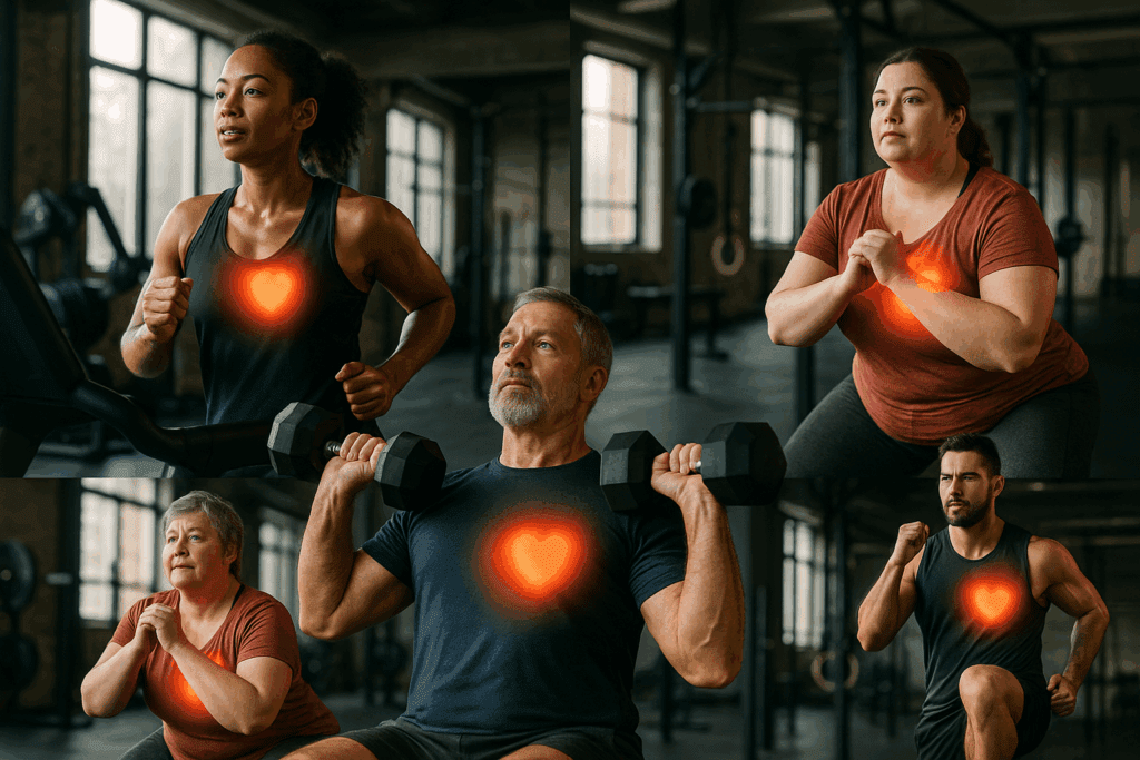 People of all ages and body types doing intense workouts in a gym, glowing chests symbolizing how strong is the heart during training.