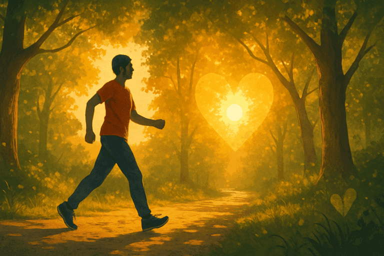 Person walking briskly along a sunlit forest path during golden hour, illustrating how walking supports heart health