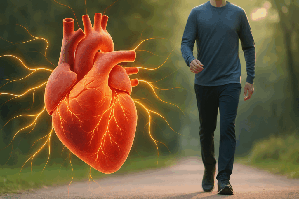 How Walking Supports Heart Health: What Science Says About Walking and Heart Disease Prevention 1 Illustration showing how walking supports heart health with a glowing human heart overlaid on a person walking down a peaceful outdoor path