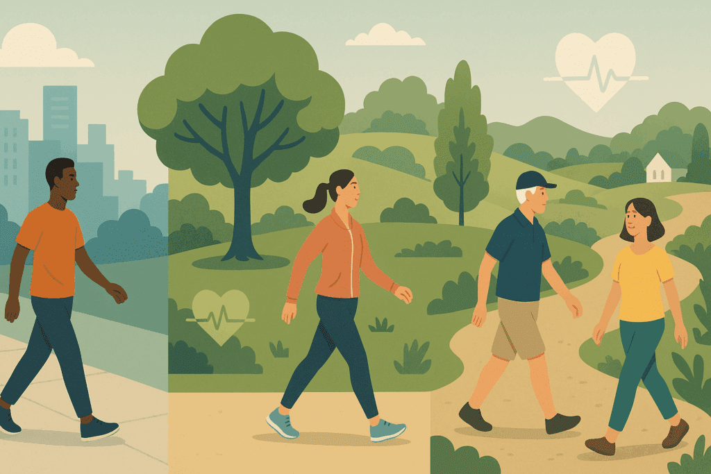 How Walking Supports Heart Health: What Science Says About Walking and Heart Disease Prevention 2 Diverse people walking in urban, park, and trail settings with subtle heart icons illustrating how walking supports heart health.