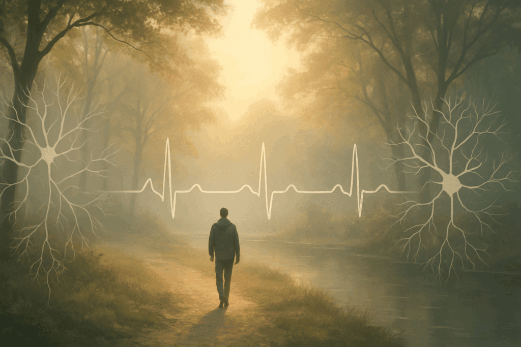 How Walking Supports Heart Health: What Science Says About Walking and Heart Disease Prevention 3 Person walking alone along a misty forest path at sunrise, symbolizing how walking supports heart health through relaxation and improved heart rate variability.