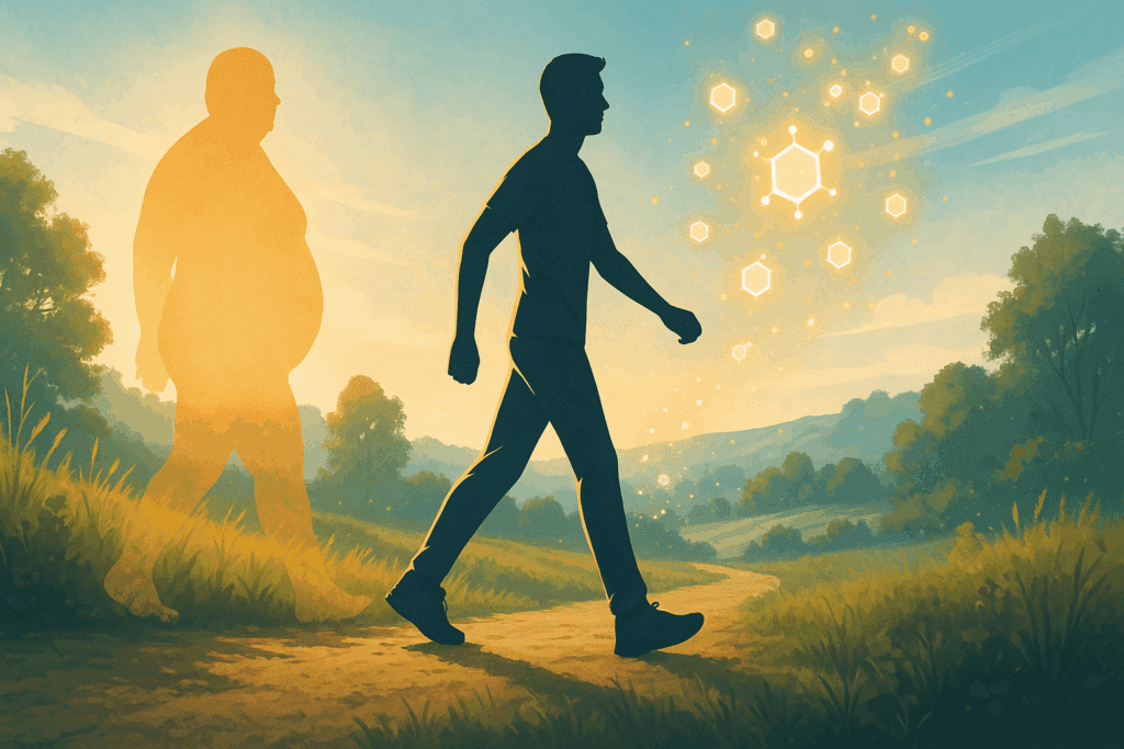 How Walking Supports Heart Health: What Science Says About Walking and Heart Disease Prevention 4 Silhouetted person walking on a scenic path with fading fat figure and glowing sugar molecules, symbolizing how walking supports heart health