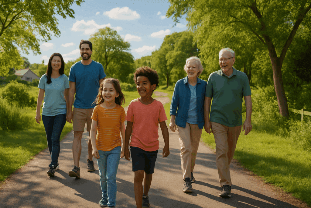 How Walking Supports Heart Health: What Science Says About Walking and Heart Disease Prevention 5 Multigenerational family walking together in a sunny park, showing how walking supports heart health at every age