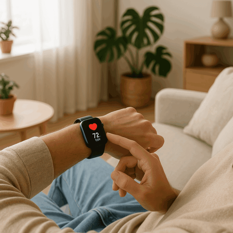 Person relaxing on a sofa using a smartwatch to monitor pulse, showing how to check heart rate at home.
