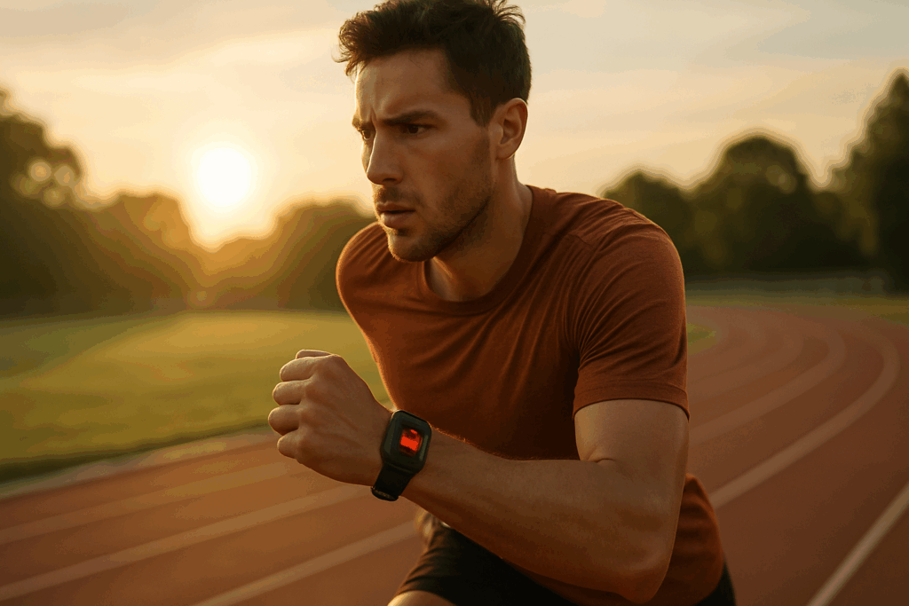Athlete running on a morning track wearing a fitness watch to demonstrate how to check heart rate at home during outdoor workouts.