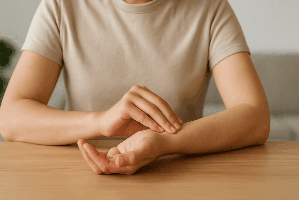 Person calmly checking their pulse with two fingers on their wrist, illustrating how to check heart rate at home.
