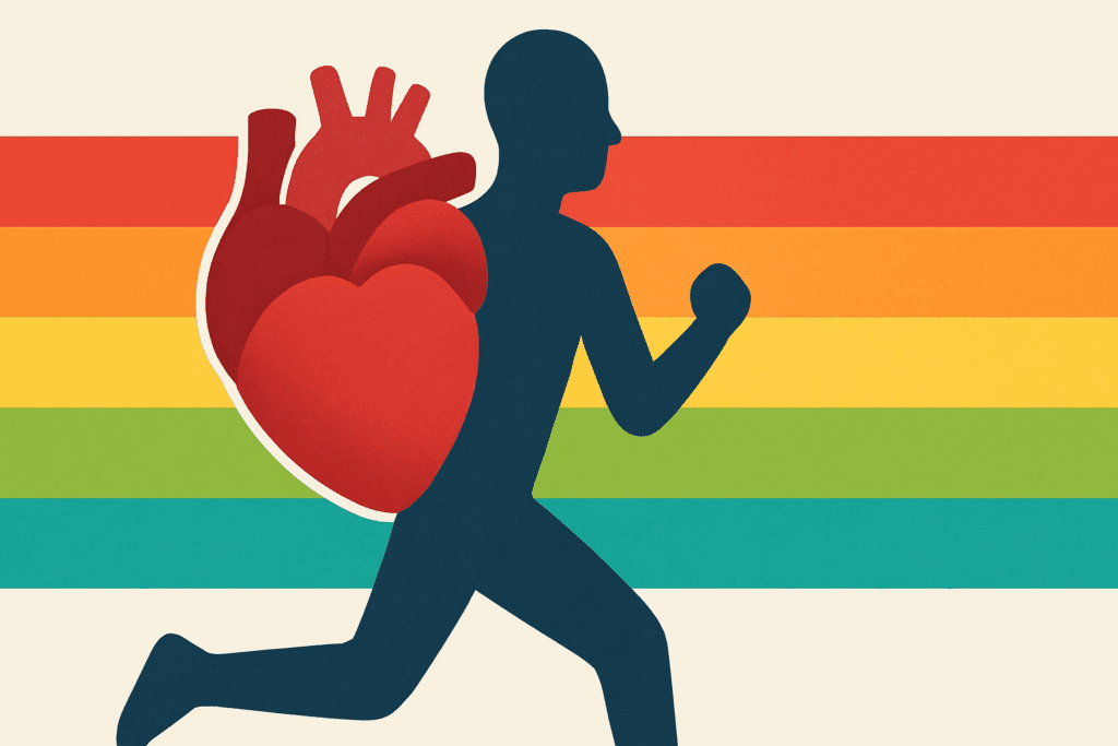 Color-coded infographic showing exercise intensity zones over a heart and runner, illustrating how to check heart rate at home