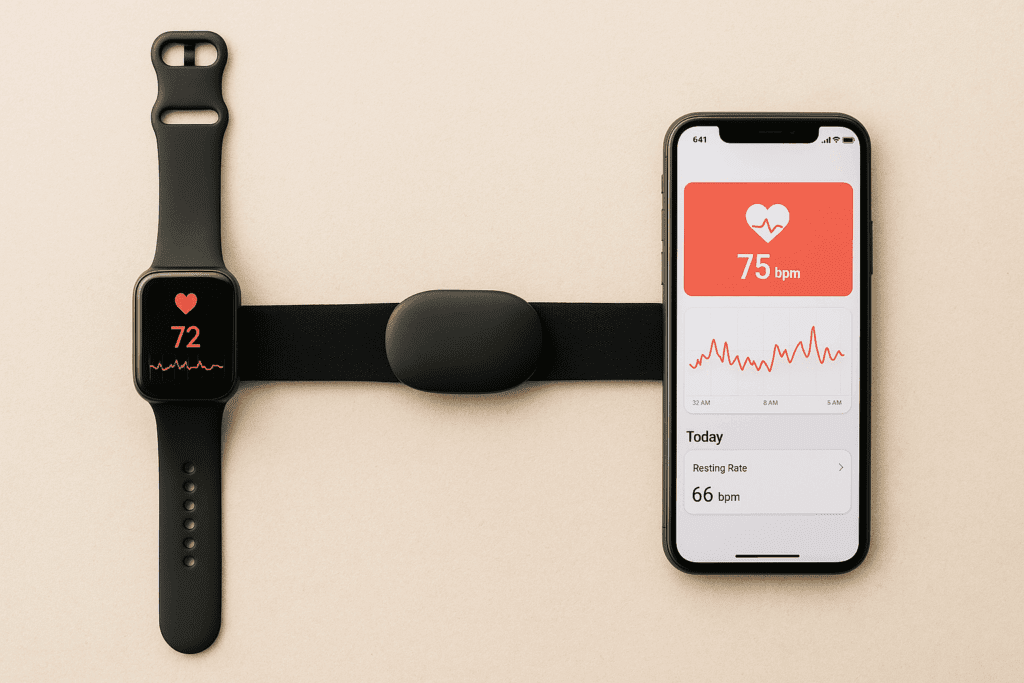 Flat lay of smartwatch, chest strap, and smartphone displaying health app—demonstrating how to check heart rate at home
