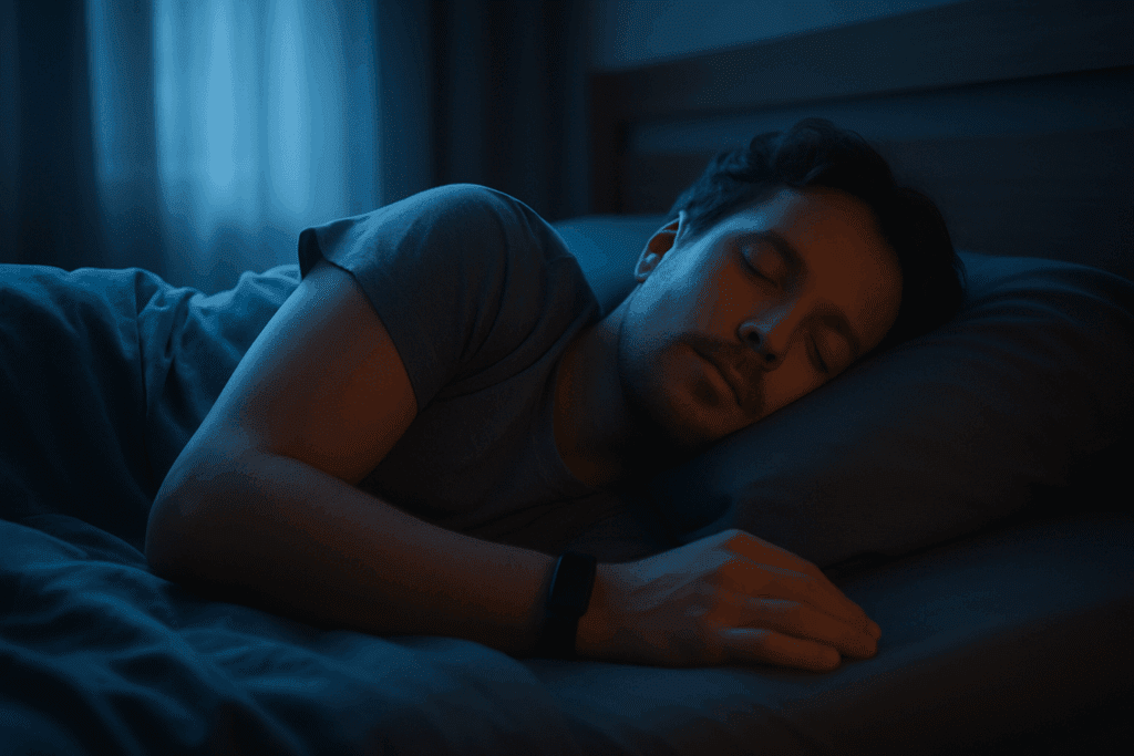 Peaceful bedroom scene showing a man sleeping with a wearable device, illustrating how to check heart rate at home during rest.