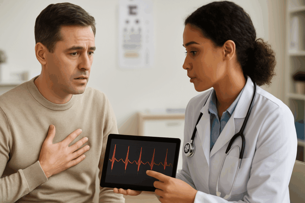 Doctor reviewing a digital heart rate graph with a patient during a clinic visit, illustrating how to check heart rate at home.
