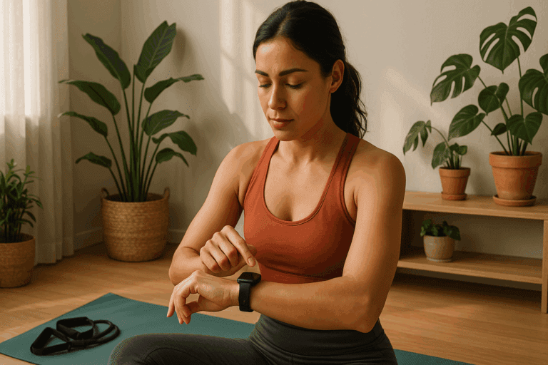Woman in athletic wear checking smartwatch heart rate on yoga mat at home, showing how to check if your heart is healthy at home